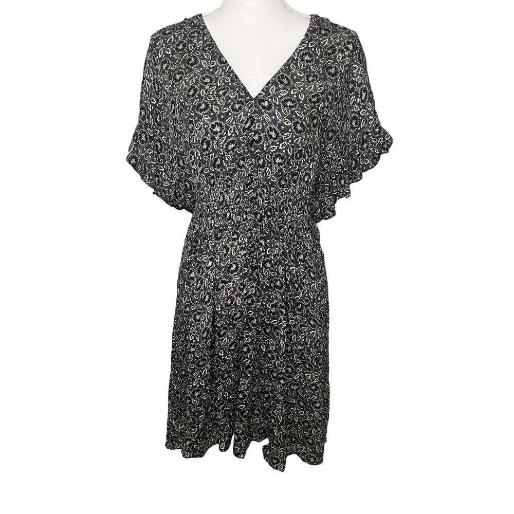 Rebecca Taylor Sweet Briar silk ruffle sleeve smocked waist black white dress 12